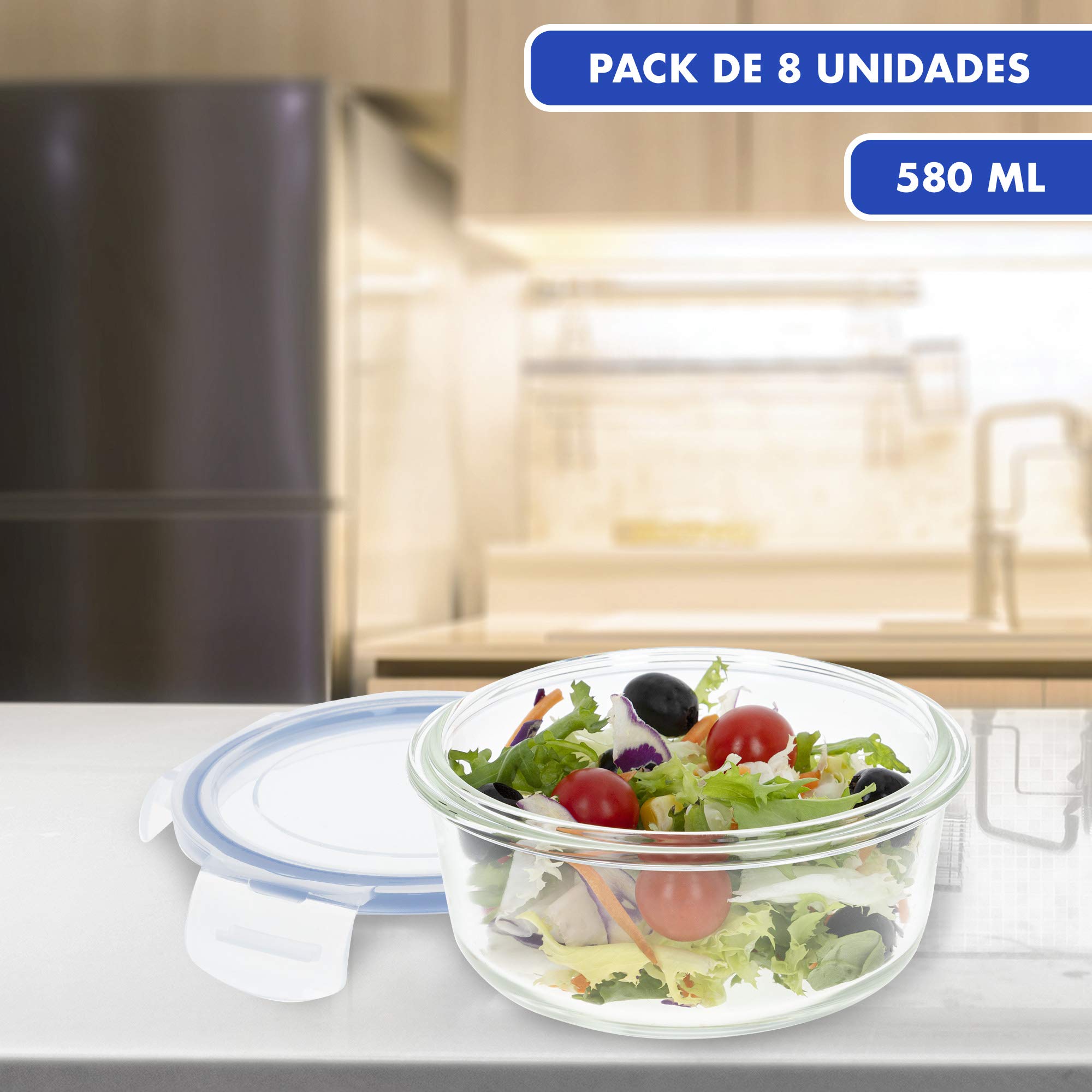 Set 8 Contenitori In Vetro Ermetici AKTIVE 45 | 580 Ml Con Coperchio | Borosilicato, Freezer, Microonde E Forno | Ideali Per Ufficio E Picnic