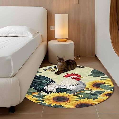 Miniatura 3 de 3.3ft Round Rug, Sunflower Rooster Non-Skid Rubber Backing Large Area Rugs - Living Room Bedroom Home Office, Retro Watercolor Summer Floral Indoor