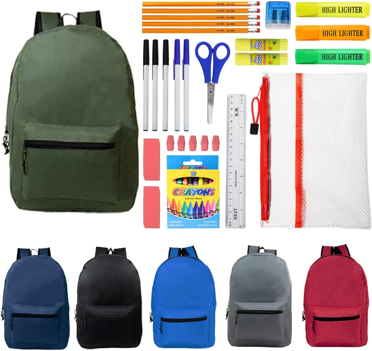 Buy 15 Inch Bulk Backpacks with 36 Piece School Supply Kits Case of