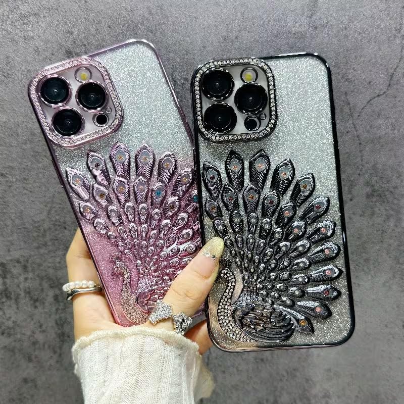 Image of mobistyle Designed for iPhone 16 pro,3D Diamond Luxury Electroplate Glitter Peacock Tail Bling Design Camera Protection Shockproof Phone Back Cover Case for (Pink, iPhone 16 Pro)