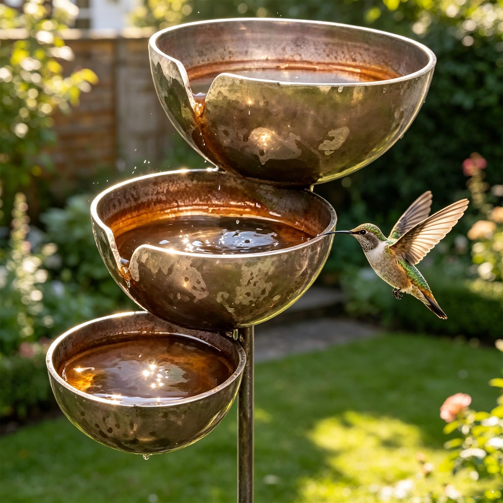 Tall 3-Tier Rain Catcher Bird Bath Stake - Self-Filling Iron Garden Water Fountain for Birds & Bees, Rustic Outdoor Yard Art, Lawn & Patio Decor (1pcs)