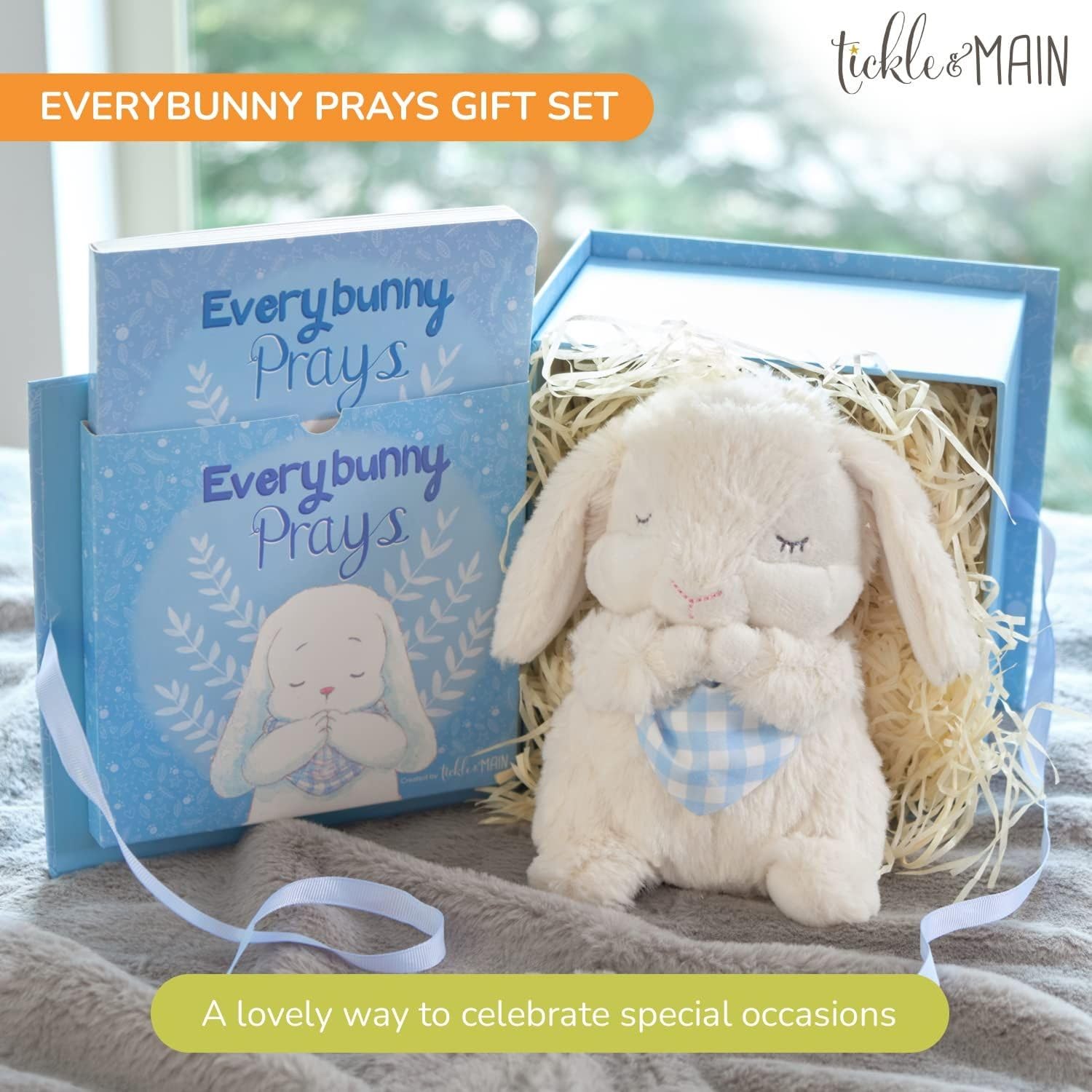 Tickle & Main Everybunny Prays Bunny Stuffed Animal & Musical Toy - Blue, 7 in Plush & Illustrated Book, Recites Now I Lay Me Down to Sleep - Baptism Gifts for Boys - Christening Gifts for Boys