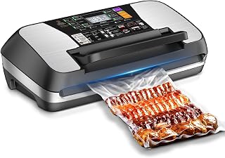 95KPA Commercial Vacuum Sealer Machine, Fully Automatic Food Sealer with Built-in Cutter for Sous Vide, Meal Prep - Includes 10 Pre-Cut Bags, Bag Rolls, Hose & Starter Kit Black Silver