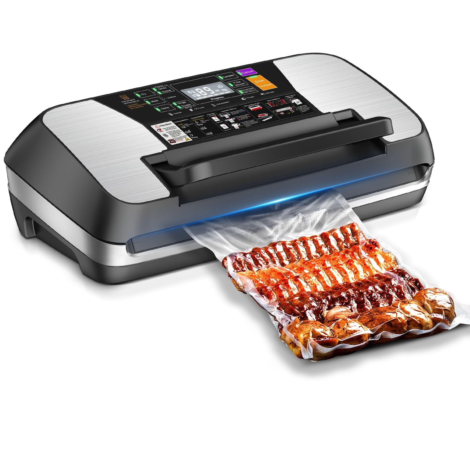 95KPA Commercial Vacuum Sealer Machine, Fully Automatic Food Sealer with Built-in Cutter for Sous Vide, Meal Prep - Includes 10 Pre-Cut Bags, Bag Rolls, Hose & Starter Kit Black Silver