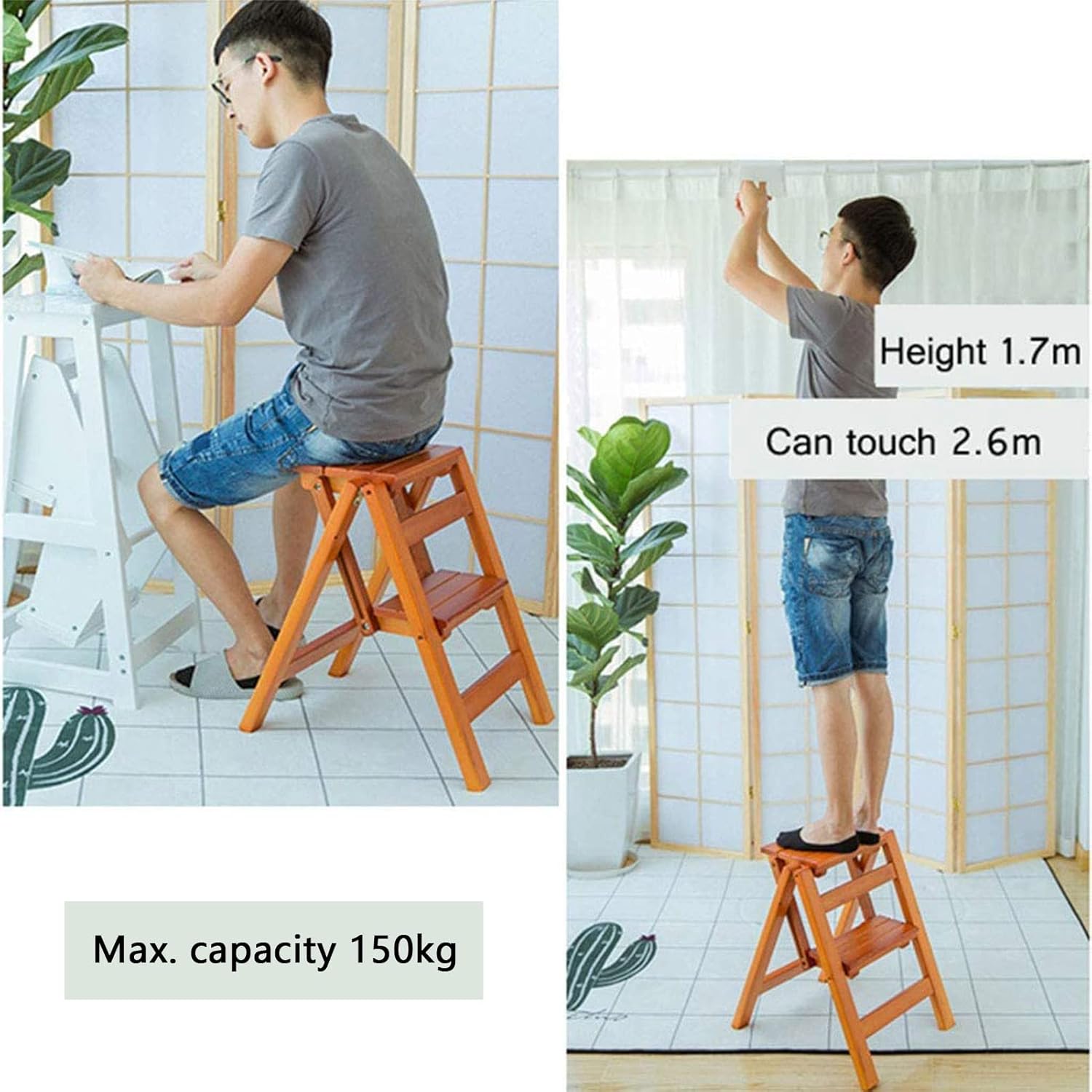 Natural Solid Wood Folding Stair Stool Space Saving 2 Step Ladder for Home Kitchen Office Lightweight Portable Easy to Store Design