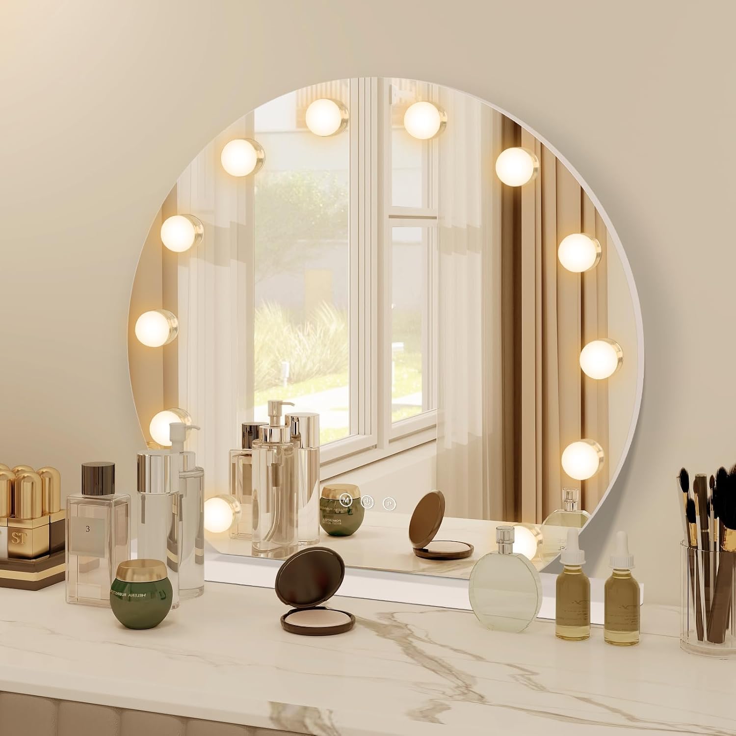 YOURLITE Miroir Maquillage Hollywood Rond 50CM, 12 Ampoules LED,3 températures de lumière réglables et dimmables,Loupe grossissante 10x, Port de Chargement USB, Installation sur Table ou Murale