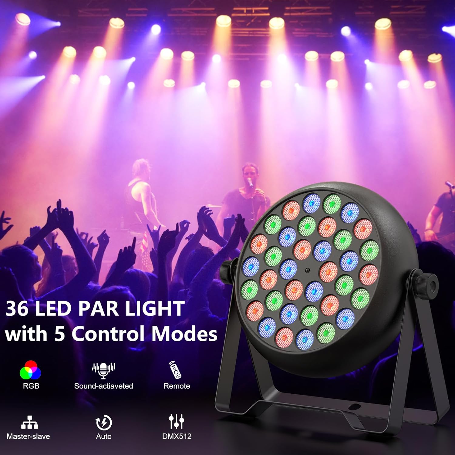 36 LED Stage Lights, Corded RGB Par Lights, 4/7 CH DMX Par Can, LED Stage Par with Sound Activated & DMX 512, Uplights for Wedding, Club, Event, Party, 4 Pack
