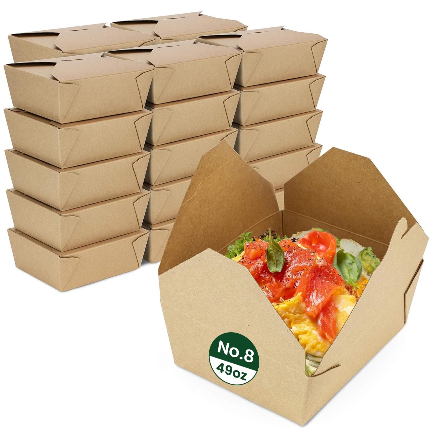 ECONX 49oz No.8 Kraft Takeaway Food Boxes 1400ML Fast Food Cardboard Leak Proof Biodegradable Kraft Deli Take out Containers For Sandwich, Cheesecake, Burger Snack Salad Lunch Boxes Party (50)