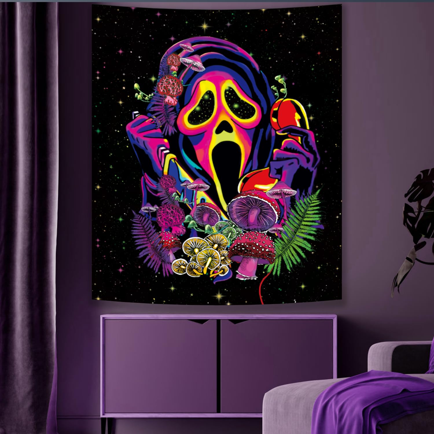 Invoibler Schwarzlicht-Tapisserie – Gothic Totenkopf & Pilz-Design, 150x210 Cm, UV-reaktiv, Leuchtet Im Dunkeln