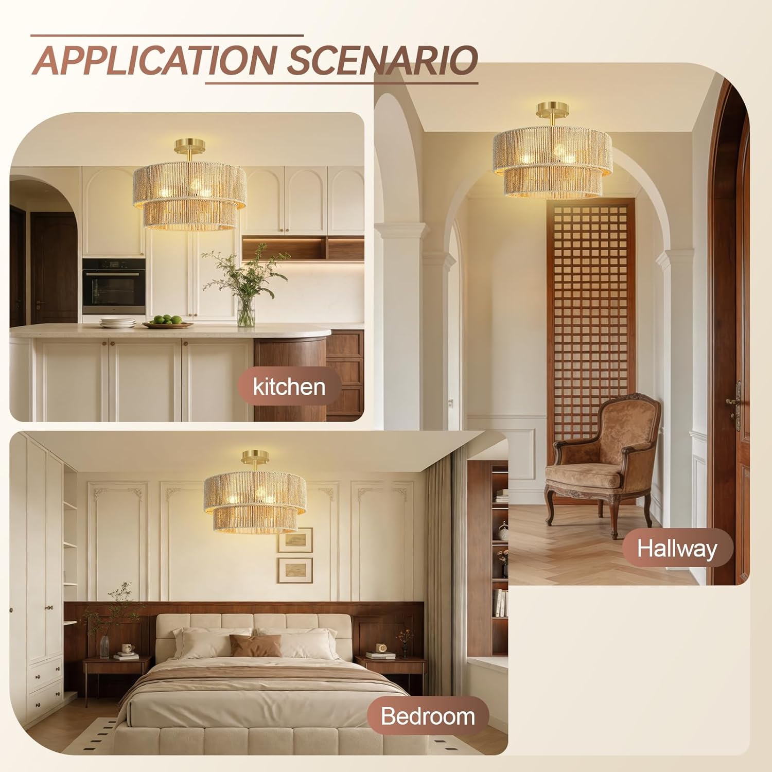 BoostArea 16.54” Boho 2-Tier Rattan Ceiling Light Fixture, Semi Flush Mount Woven Chandelier for Bedroom, Dining Room, Kitchen, Entryway, Living Room(Bulb not Included)