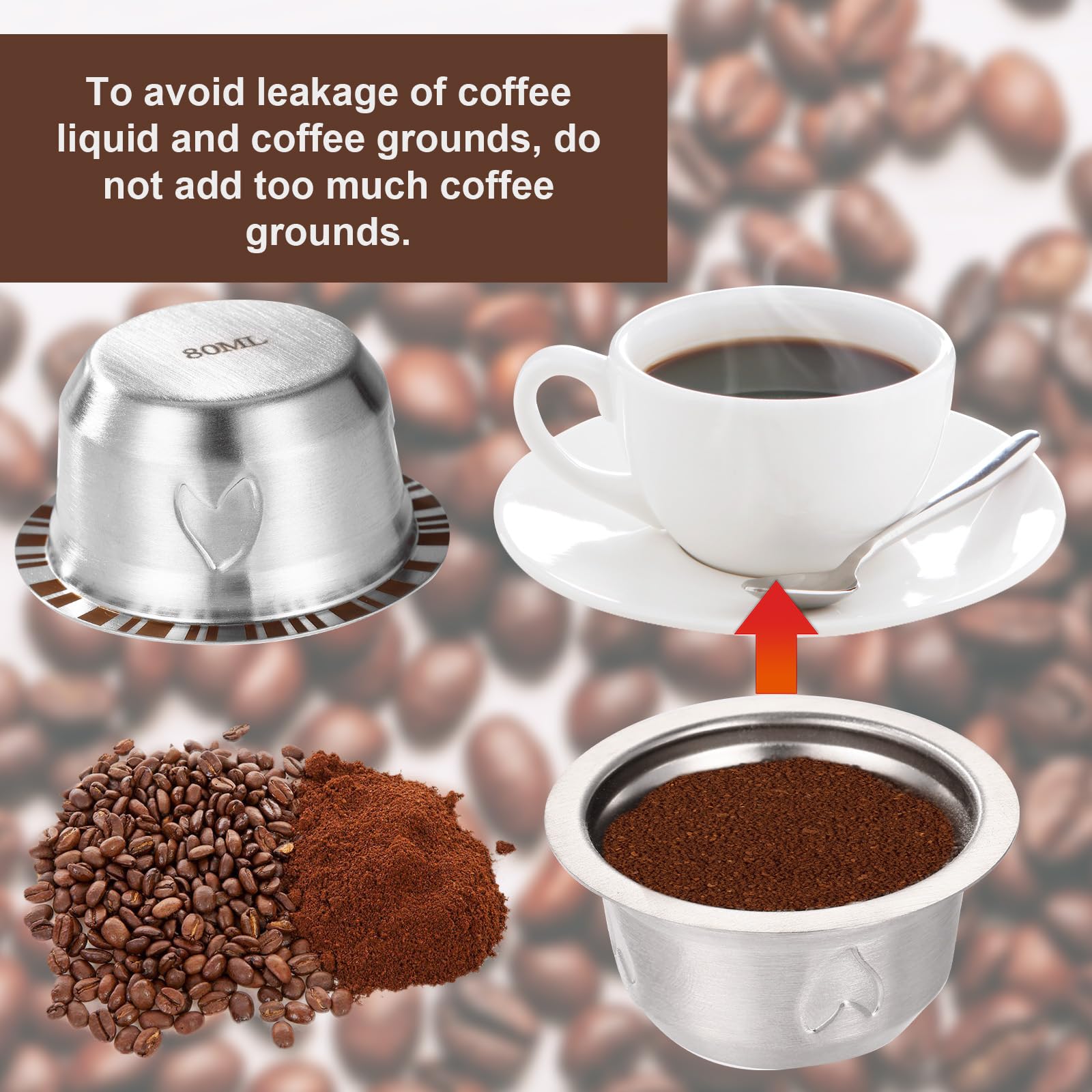 XIHIRCD Capsule Riutilizzabili per Macchina Nespresso Vertuo, Set di Capsule di Caffè Ricaricabili da 80 ml in Acciaio Inossidabile con Coperchio in Silicone Cucchiaio e Pennello