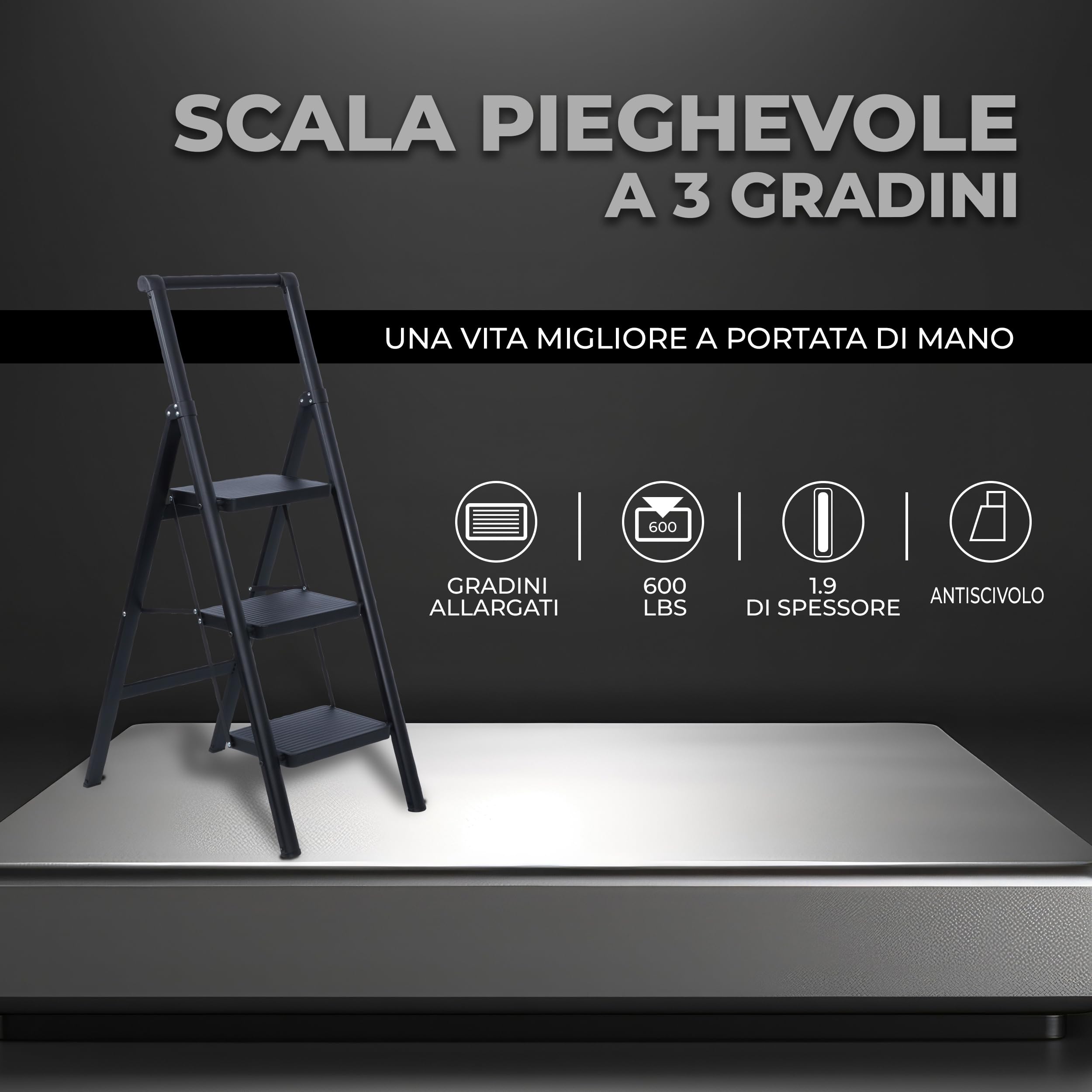 UZIRO Escabeau 3 Marches, Escabeau Pliable et Compact, Echelle Décorative avec Marche Pied Antiscivolo, Idéal pour Maison, Peinture et Décoratif, Durable, Facile à Ranger, Couleur Noir