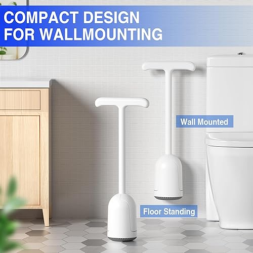 Upgraded Toilet Plunger with Holder, Wall Mounted Toilet Bowl Plunger with Hideaway Caddy, Dual Handle Plunger for Bathroom Built-in Drip Tray, White(White)