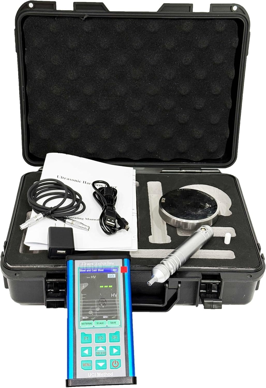 Professional Ultrasonic Hardness Tester Portable Ultrasonic Durometer For Surface hardness,Plasma Nitriding,Small Complex Formed Parts,Aluminum With Probe 1kgf Test force 10N HV HB HRB HRC HRA