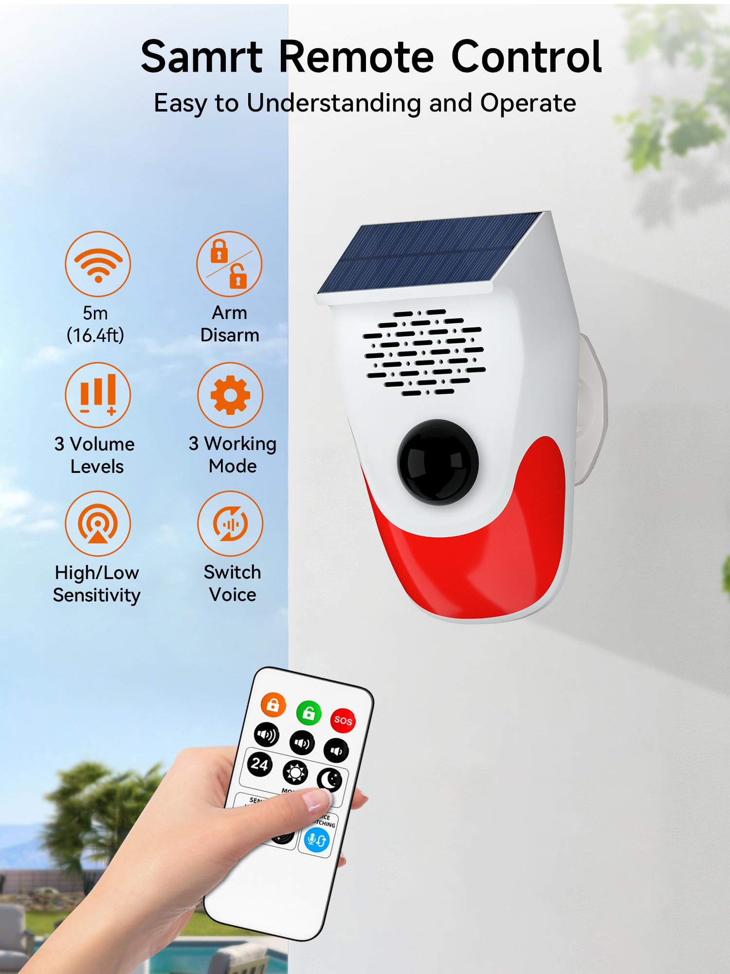 PILSAMAS Allarme con sensore di movimento solare per esterni e interni, con 8 registrazioni sostituibili, ± volume, allarme rilevatore di movimento luminoso, rilevatore di movimento attivato da cervi