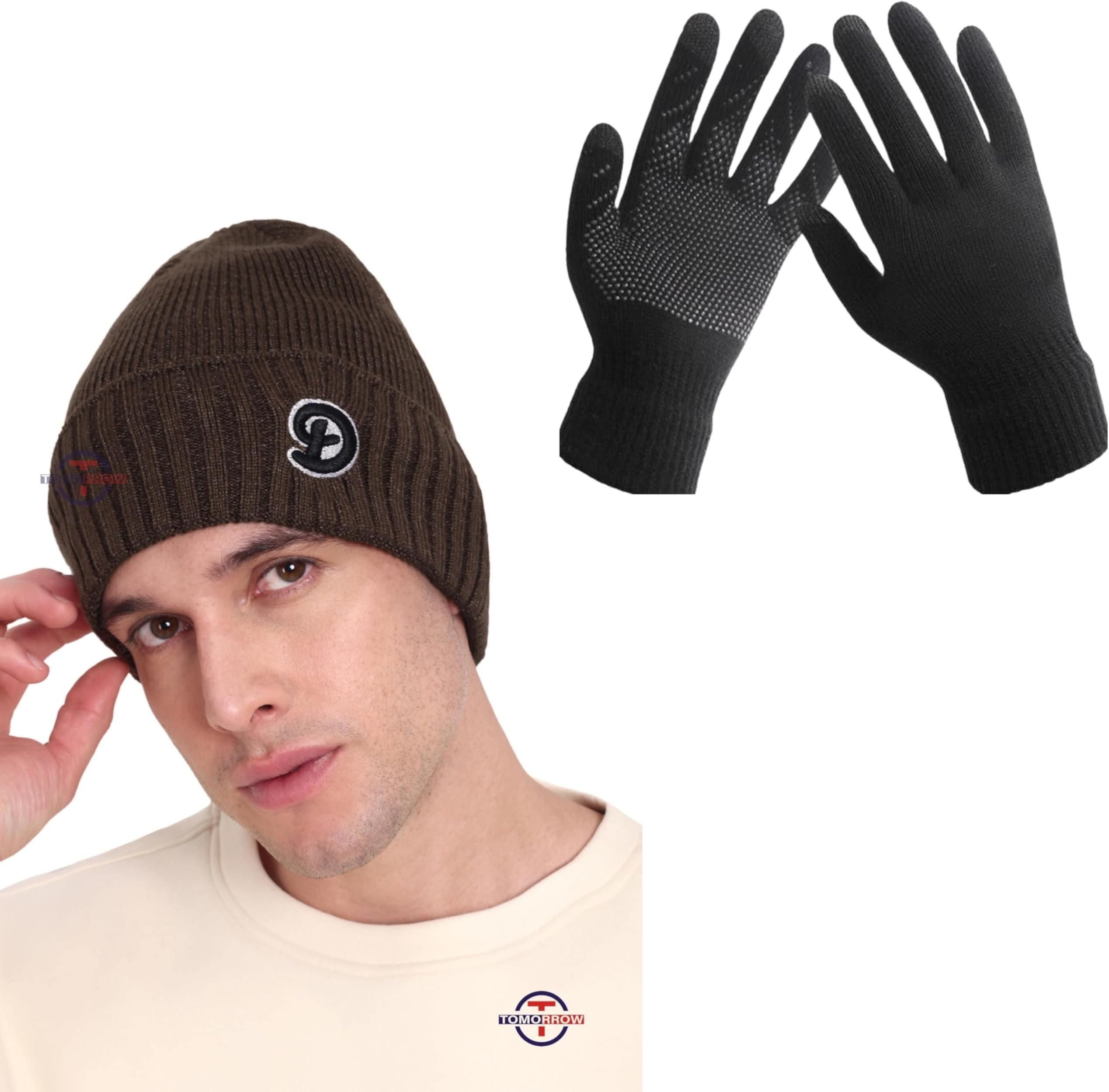 Wool Beanie Cap for Men's | Warm Winter Wool Hat | Soft and Cozy Winter Accessories | Knit Cap for Cold Weather | Hand Gloves & Beanie for Men (in, Alpha, Free Size, Khaki-Balck)