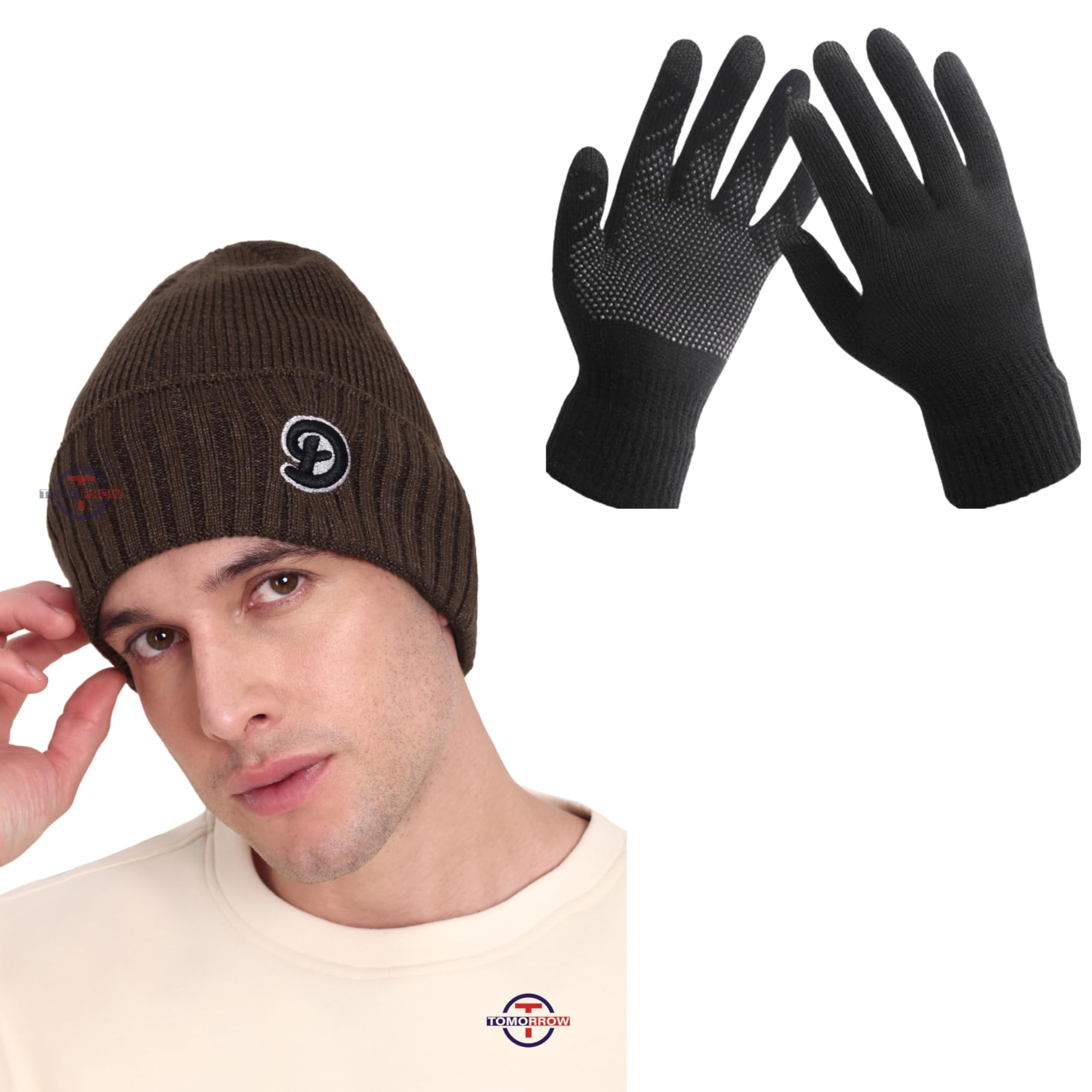 Wool Beanie Cap for Men's | Warm Winter Wool Hat | Soft and Cozy Winter Accessories | Knit Cap for Cold Weather | Hand Gloves & Beanie for Men (in, Alpha, Free Size, Khaki-Balck)