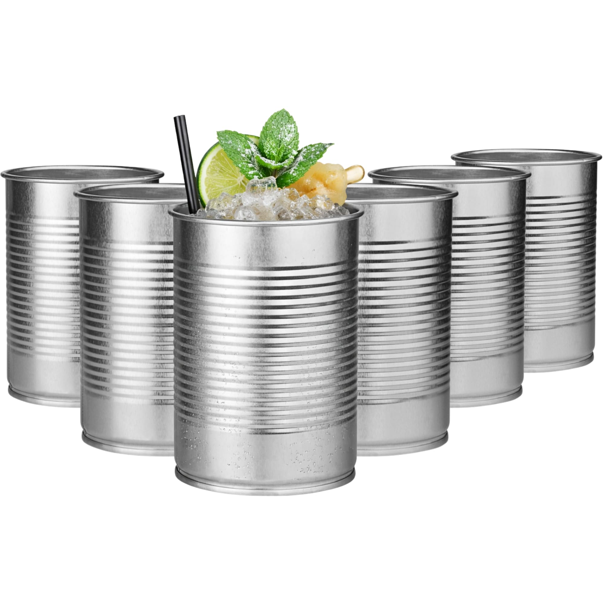 bar@drinkstuff Tin Can Cocktail Cups Pack of 6, 425ml / 15oz Silver Tin Drink Cups, Novelty Can Style Cocktail Tumblers for Mojitos Moscow Mule Mint Julep Tiki Drinks, Hand Wash Only