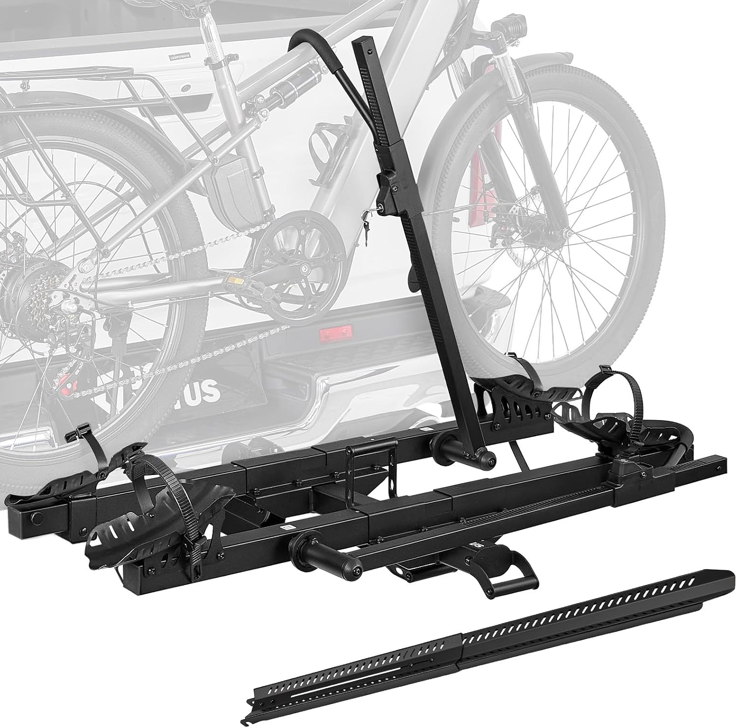 JOYTUTUS 2-Bike Hitch Ebike Rack with Ramp, 180 LBS Fits 5" Fat Tire | 4-Point Stability System | Easy Slope Loading | Dual Keyed Locks | Fits Cars SUVs Trucks | Pin-Free Trunk Access
