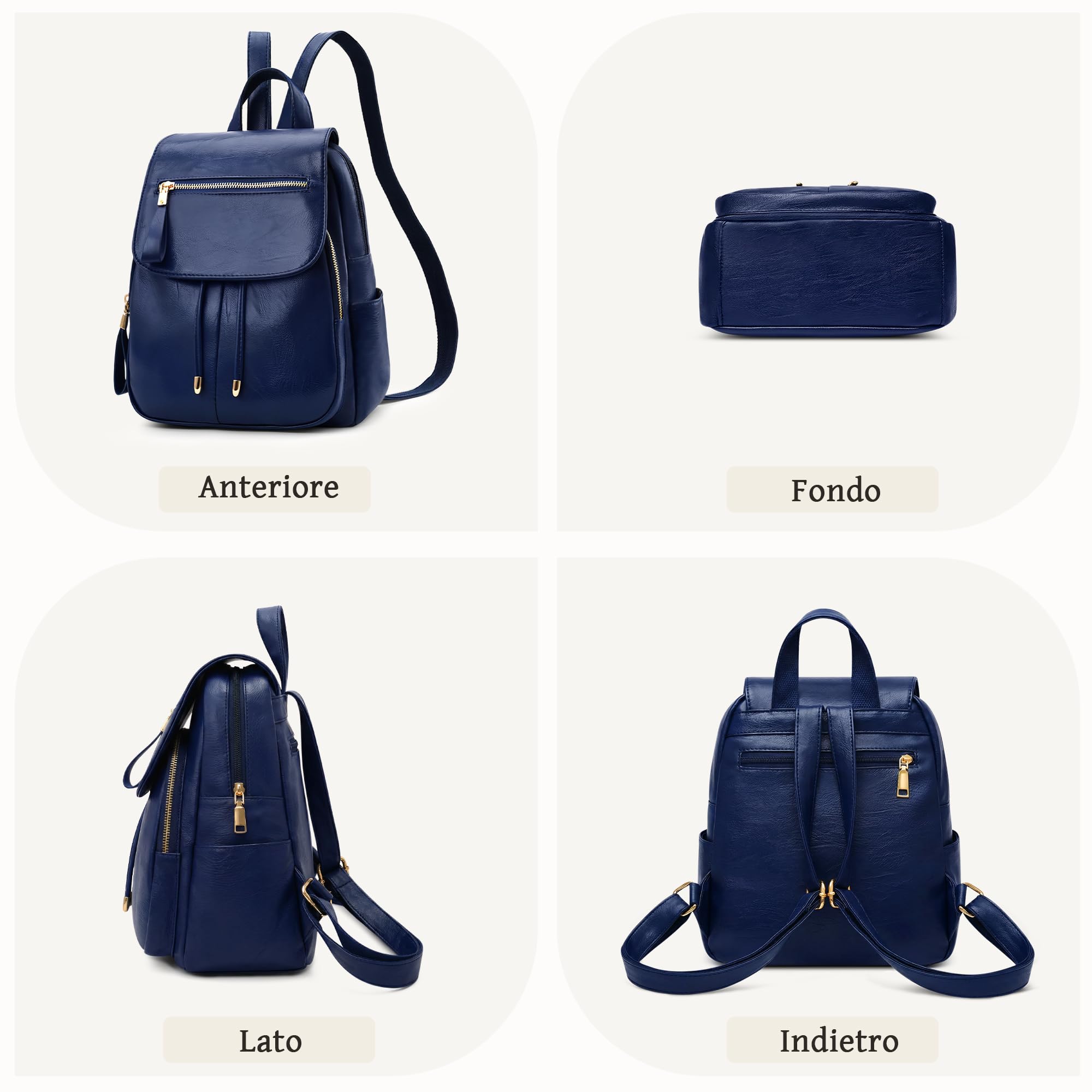 Zaino Donna Antifurto Elegante Zainetto Piccolo Impermeabile Pelle PU Borsa Zaino Moda con Tasche Multiple Zaino per Viaggio Casual Lavoro Shopping Università Blu