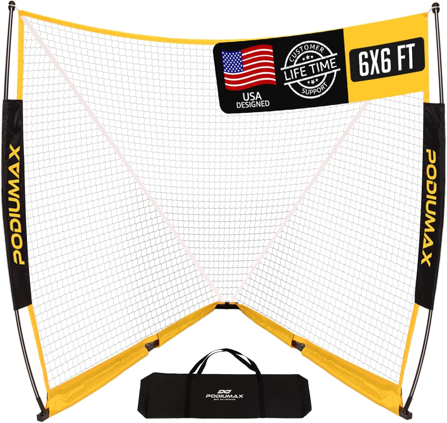 PodiuMax 6x6x7FT Foldable Lacrosse Goal Net - Upgraded Square Steel Frame, Portable with Carry Bag for Backyard Training Youth Adults