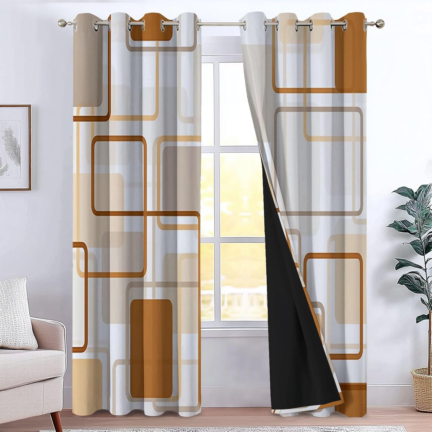 Rideaux Occultants Beige Marron Géométrique Rideau Occultant Thermique Isolant, Rideau Imprimé Résumé Moderne avec Oeillets pour Chambre, Salon, Lot de 2 Rideaux 140x220 cm A-3119