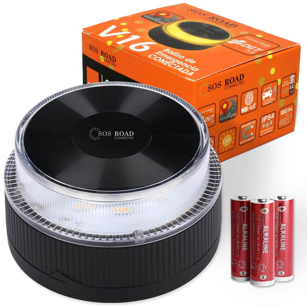 Baliza de Emergencia V16 con Geolocalización y Conexión DGT 3.0 – Uso Obligatorio Enero 2026, Señal LED Homologada para Coche, Alcance 1km, Resistente al Agua, Datos Incluidos hasta 2038