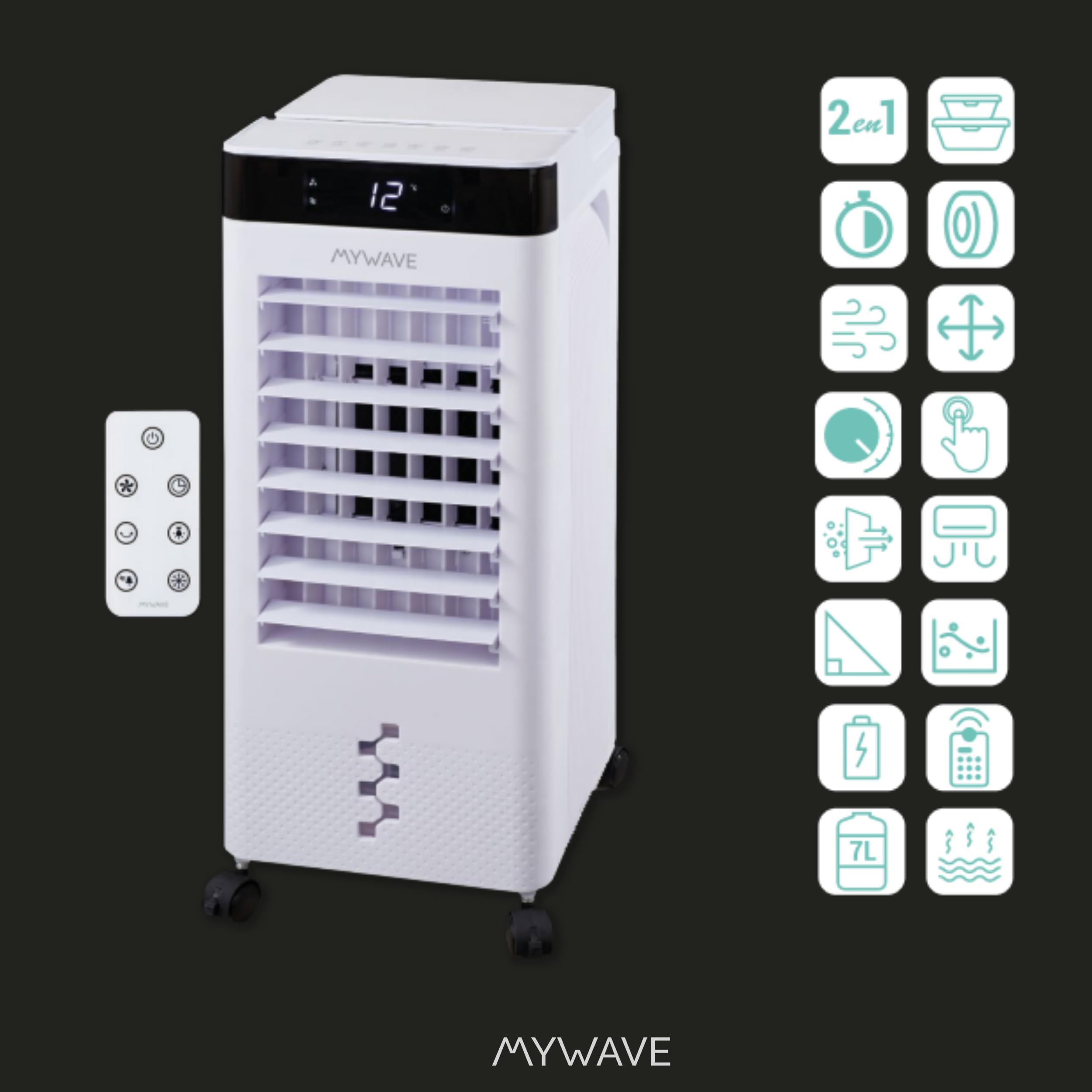MY WAVE Climatizador Evaporativo Portátil 7L | Enfriador de Aire Silencioso con 2 Bloques de Hielo Incluidos, Mando a Distancia, Temporizador 12H, 3 Velocidades, Oscilación, Bajo Consumo