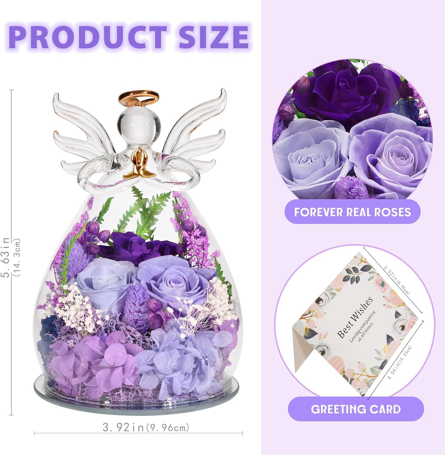 Purple Preserved Rose Angel Figurine in Glass Dome, Eternal Flower Birthday Anniversary Valentine Easter Gift for Women Mom Wife Grandma
