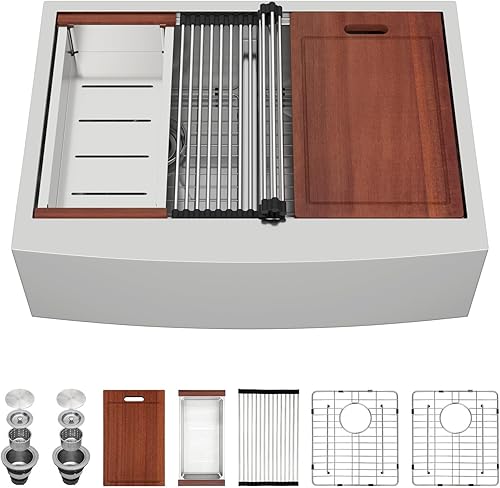 Miniatura 10 de Sarlai - Fregadero de granja de 30 pulgadas, cuenco doble de acero inoxidable de 30 x 22 pulgadas, estación de trabajo de granja de calibre 16,