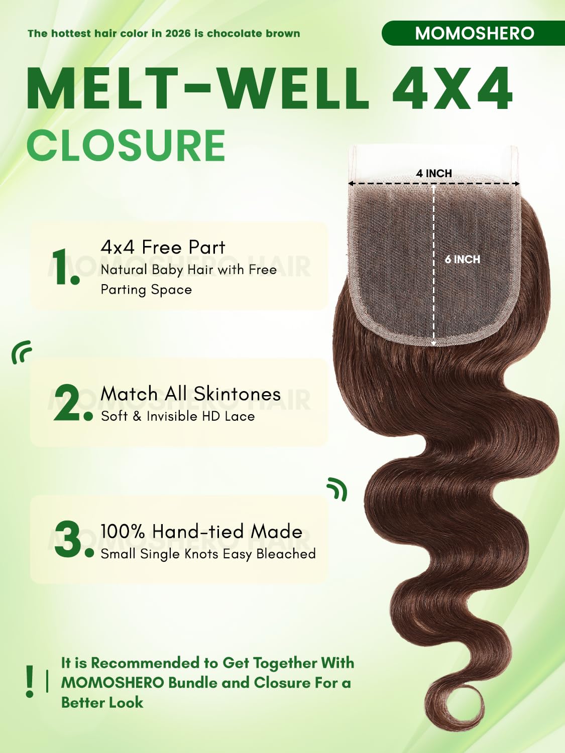 12A Chocolate Brown Bundles With Closure Human Hair Body Wave, Soft Glossy Wavy 100% Remy Hair Weaves Colored #4 Medium Dark Brown 3 Bundle and 4x4 HD Lace Closure Pre Plucked 14 16 18+14 In