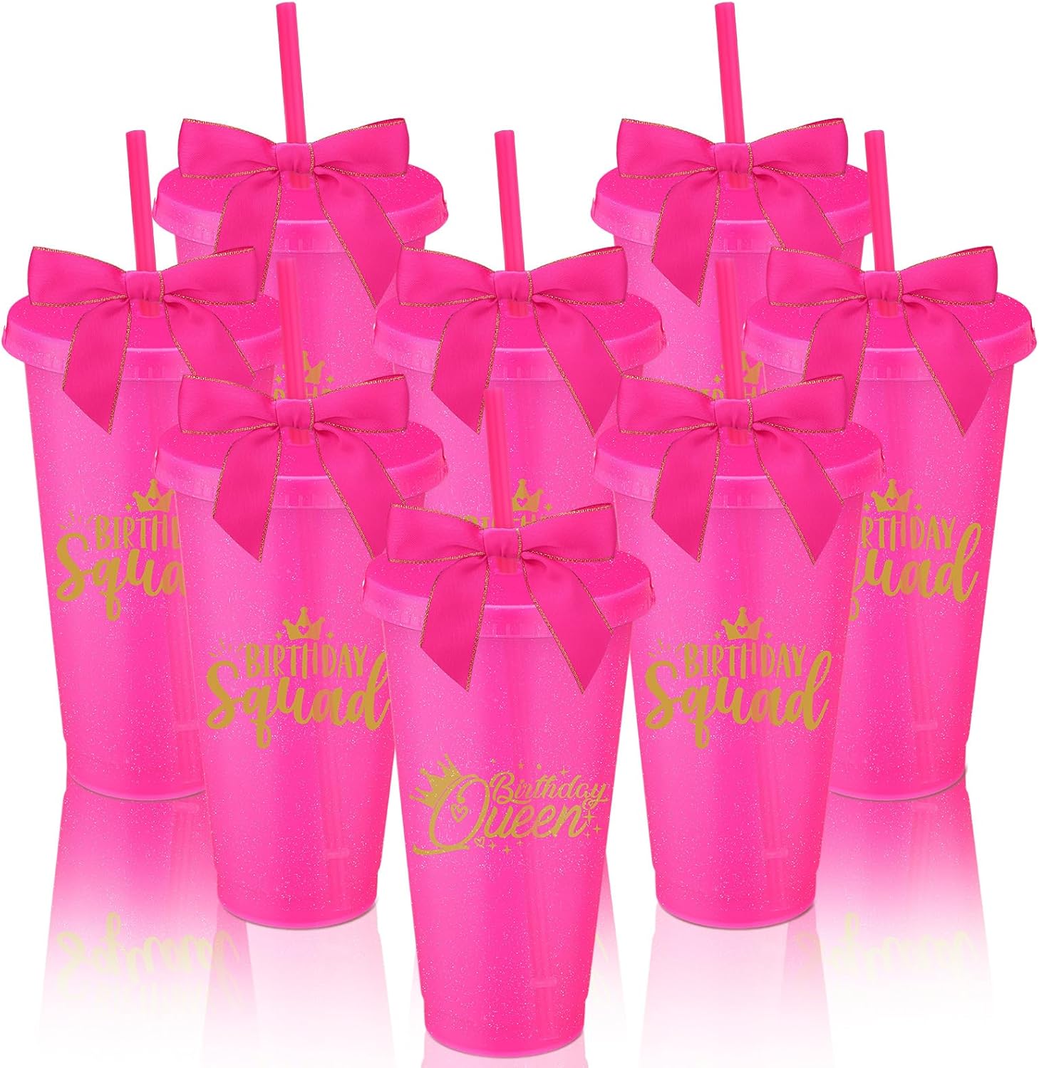 8 Set Birthday Party Glitter Tumblers 24 oz Birthday Squad Queen Plastic Tumblers with Lid Straw and Twist Bow for Squad Party Favor Decorations for Women(Rose Red)