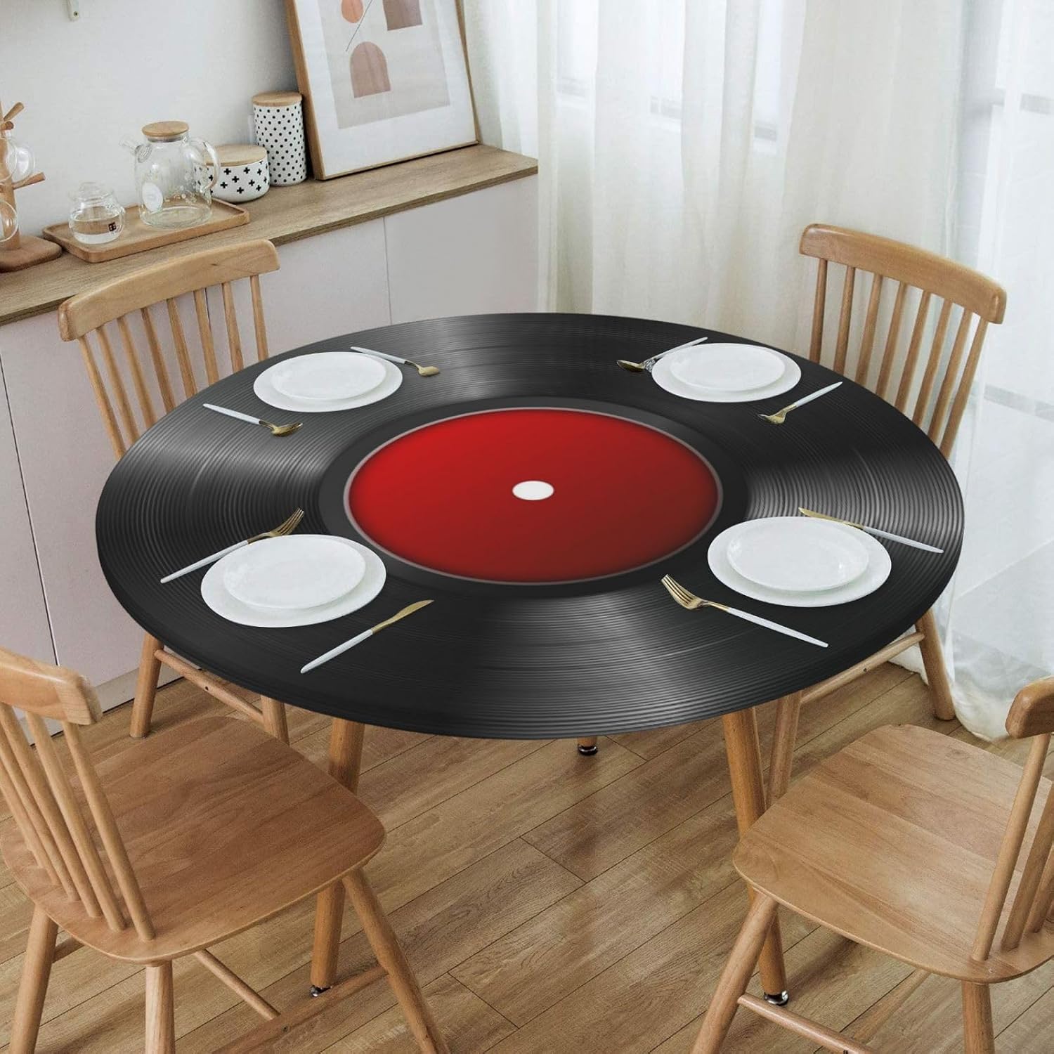 Phonograph Record Vinyl Round Tablecloth with Elastic Edge Table Cover Waterproof Reusable Table Cloth for Holiday Kitchen Party Patio,S(40"-44") image 5