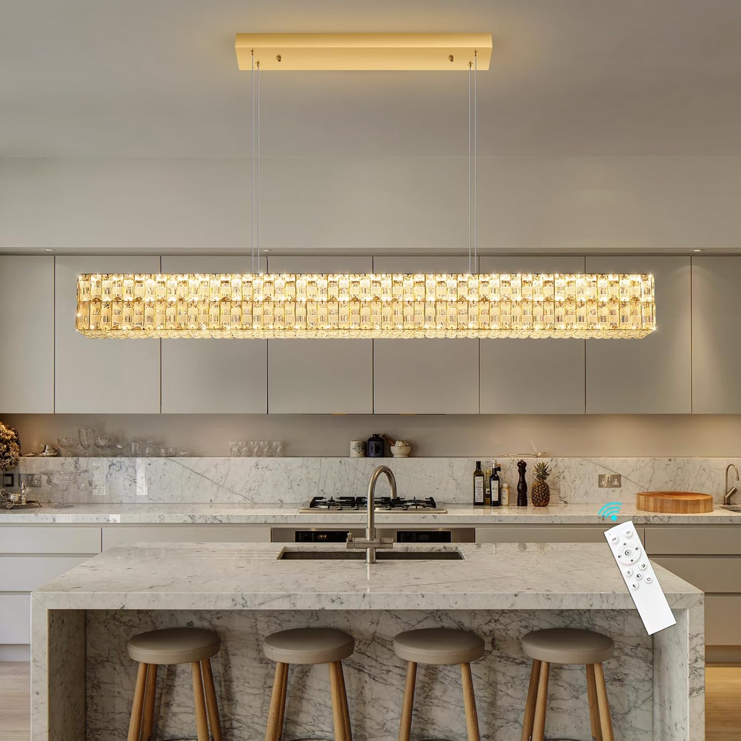 Rectangular Crystal Chandelier Glam Dimmable LED Crystal Chandeliers for Dining Room Linear Pendant Light with Remote Control for Kitchen Island Gold