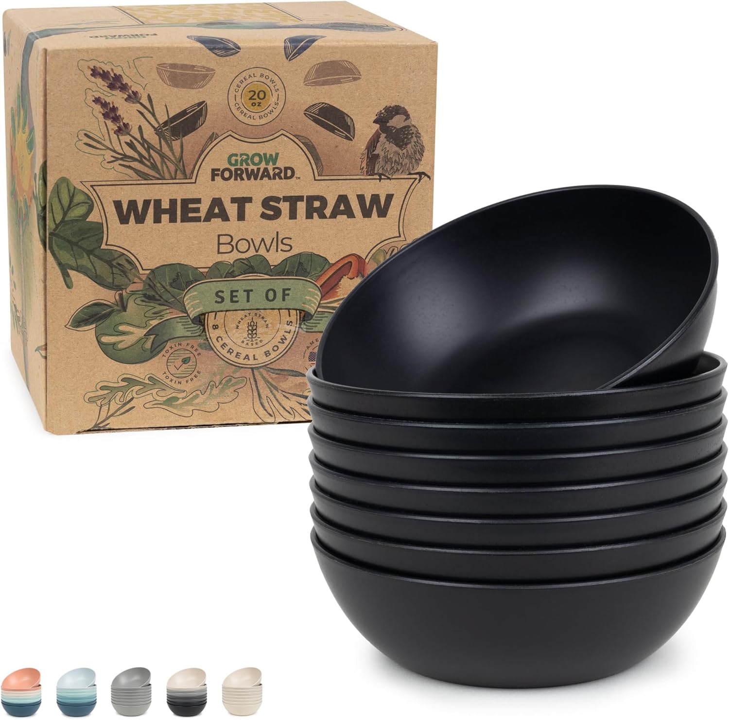 Grow Forward Premium Wheat Straw Bowls – 20oz Microwave Safe Plastic Cereal Bowls Set of 8 for Kitchen, Camping, RV, Dessert, Snack, Soup, Salad, Fruit – Reusable, Unbreakable & BPA Free – Midnight