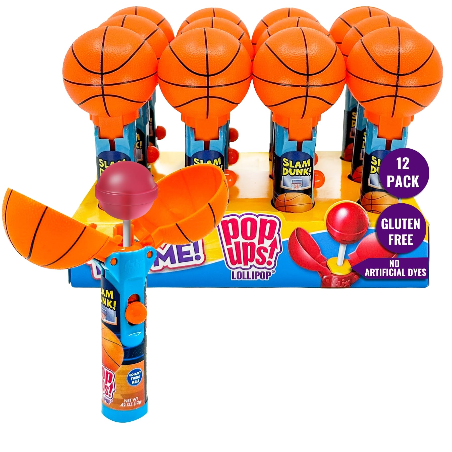 Pop Ups! Basketball Lollipop Holder - 12 Lollipops with Cases - Individually Wrapped Candy Party Favors, Stocking Stuffers - Basketball Candy - Bulk