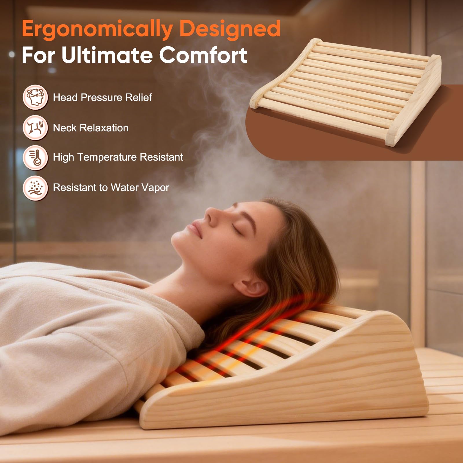 Sauna Kopfstütze aus Abachiholz 2 Stück, Ergonomische Sauna Rückenlehne & Nackenstütze mit Luftzirkulation und Rutschfester Basis, Für Sauna Infrarotkabine Dampfbad, 37 x 33 x 10 cm