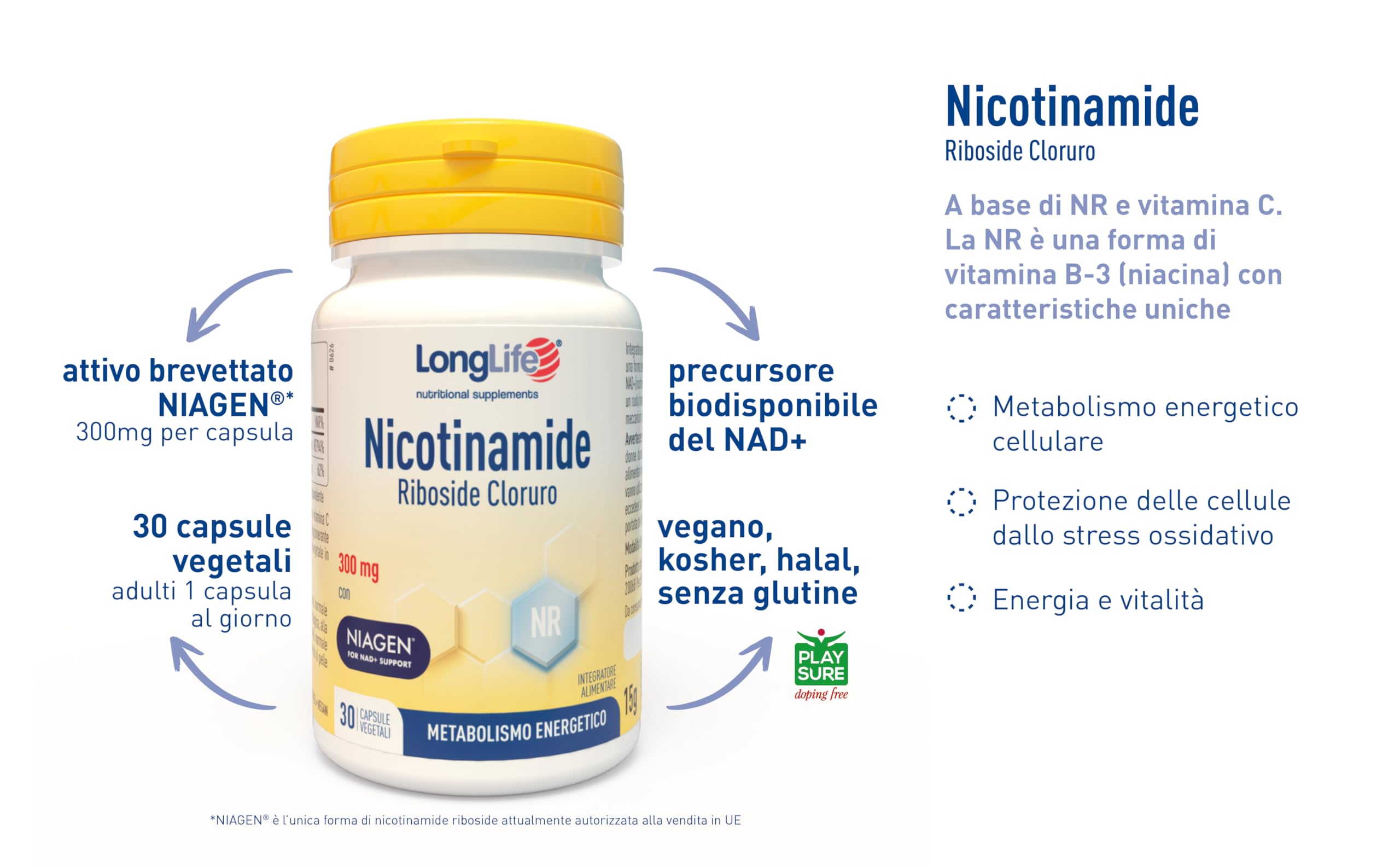 LongLife® Nicotinamide Riboside Cloruro | 300mg Niagen® | Precursore NAD+ | Con vitamina C | 1 mese di trattamento | Vegano e senza glutine