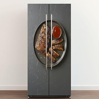 Self Adhesive Vinyl Refrigerator Wrap Grilled Spare Ribs Door Mural Sticker Peel and Stick Removable Door Cover Fridge Wrap Decal for Kitchen Decor