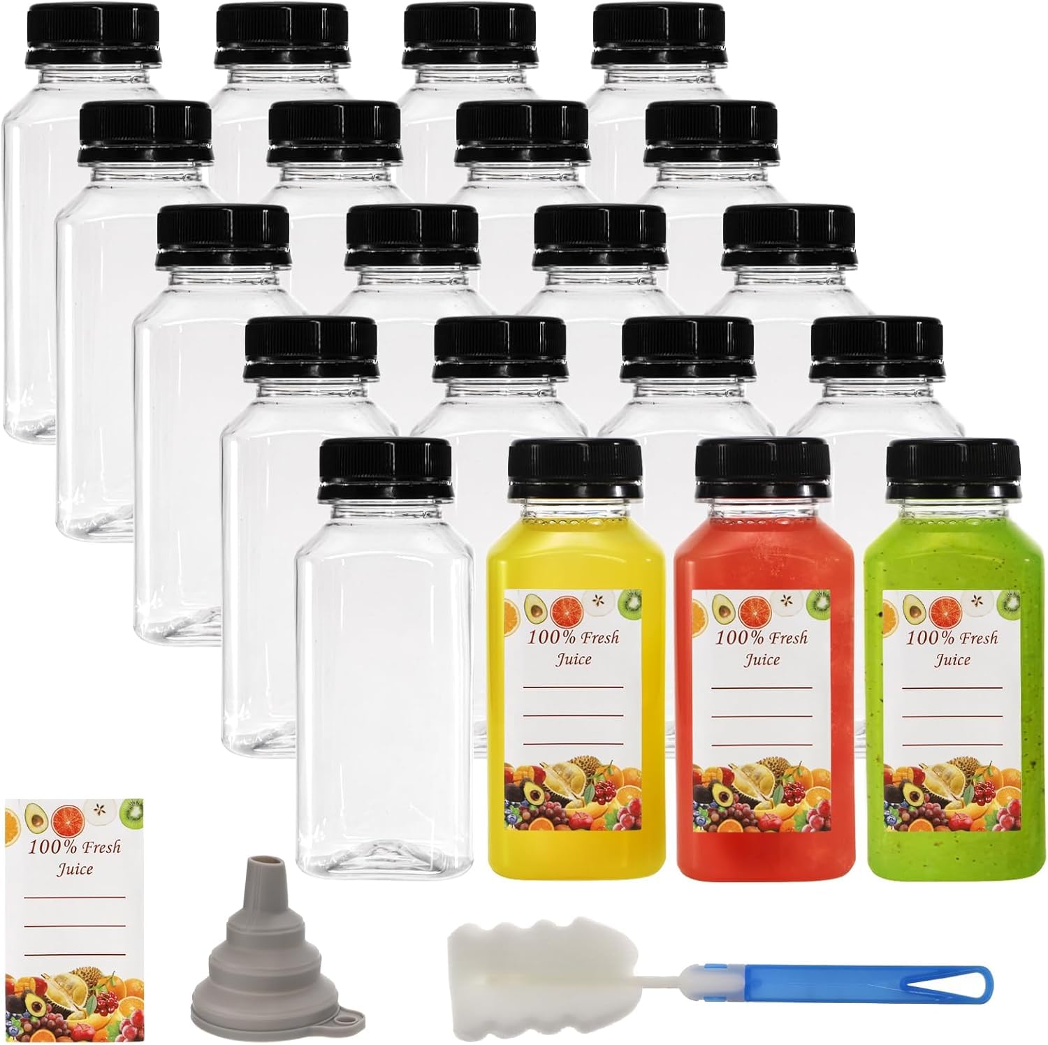 Jucoan 25 Pack 8oz/250ml Plastic Juice Bottles with Black Cap, Disposable Juice Drink Containers with Lids, Clear Reusable Bottles for Making Juice, Milk, Salad Dressing, Smoothie and Other Beverages