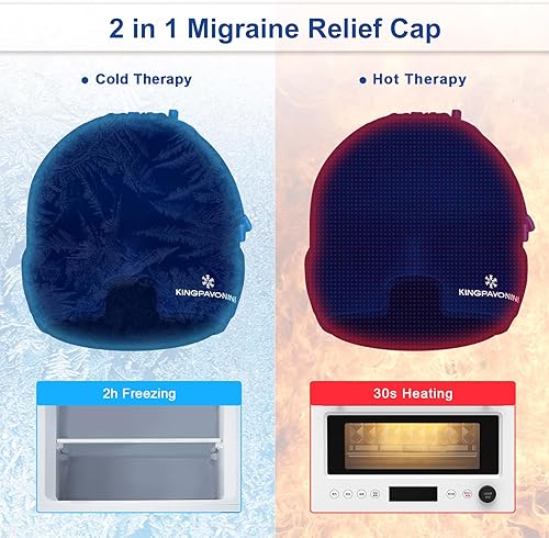 Vista 30 de KingPavonini Envoltura de cabeza de hielo, gorra ajustable para aliviar el dolor de cabeza de migraña con cordón, sombrero de migraña caliente/fría