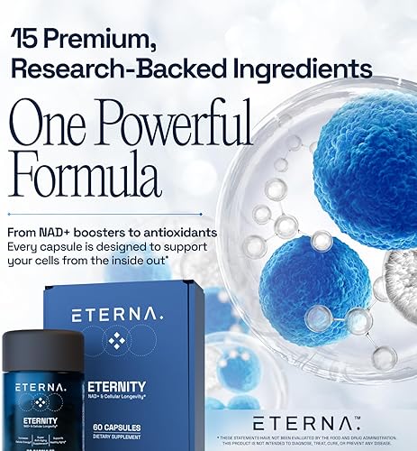 Miniatura 3 de Eternity NAD+ Suplemento + Resveratrol - 1050 mg - 15 ingredientes avanzados para apoyar la energía y el envejecimiento saludable, piel saludable,