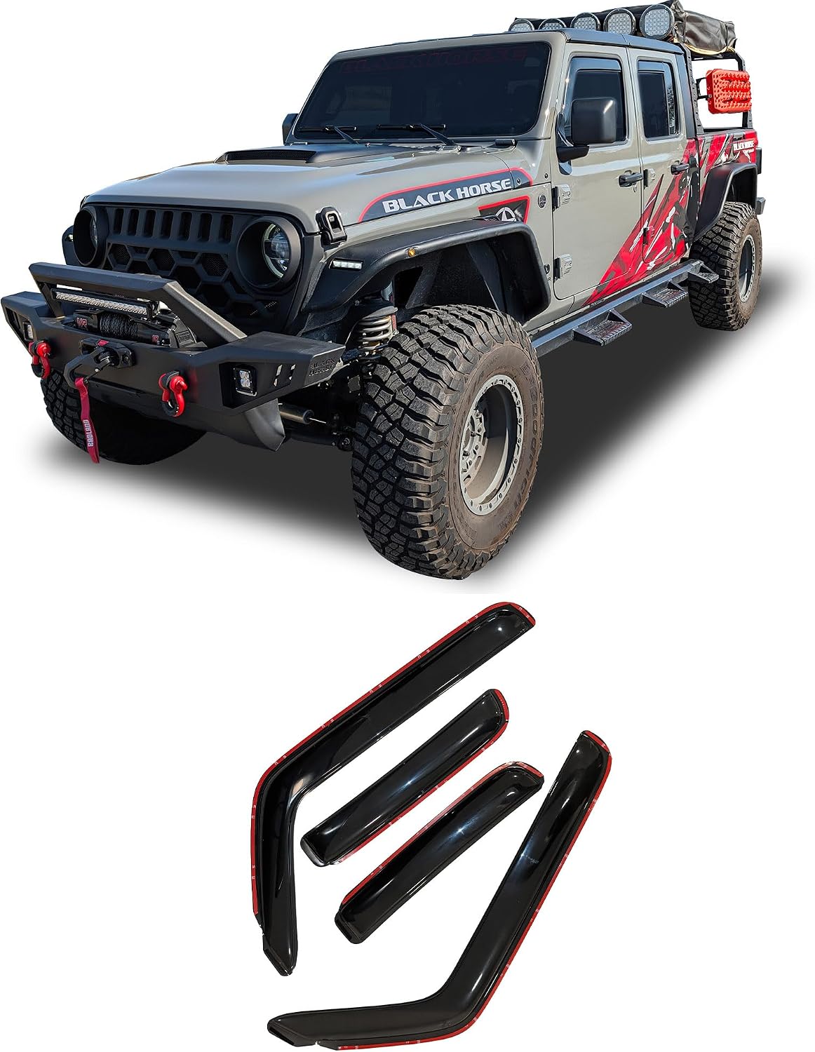 Black Horse Off Road [BHOR in Channel Rain Guards/Wind Deflectors Compatible with 2018-2024 Jeep Wrangler Smoke 4 PCs - 1494811IN