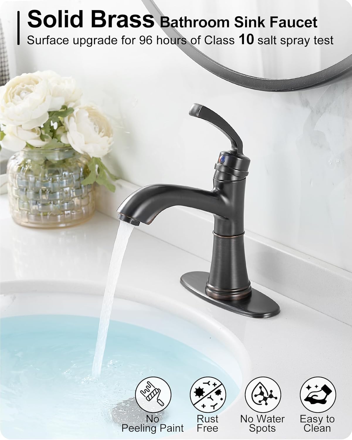 Brass One Hole Bathroom Faucet, 4 Inch Oil Rubbed Bronze Bathroom Faucets 3 Hole, Bathroom Sink Faucet Single Handle, Vanity Sink Faucet with Deck Plate, Pre-Installed Hoses, Pop-up Drain