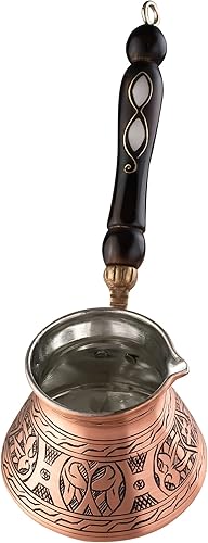 Miniatura 8 de BCS Cafetera de café turca griega árabe de cobre de 12 onzas con mango de madera (4 porciones) Cezve Ibrik Briki (Cafetera de estufa)