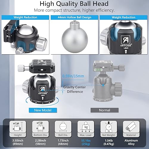 Miniatura 3 de Trípode de fibra de carbono con cabeza esférica de perfil bajo, tubo de carbono de 10 capas, trípode de viaje portátil resistente, 72.6 pulgadas -