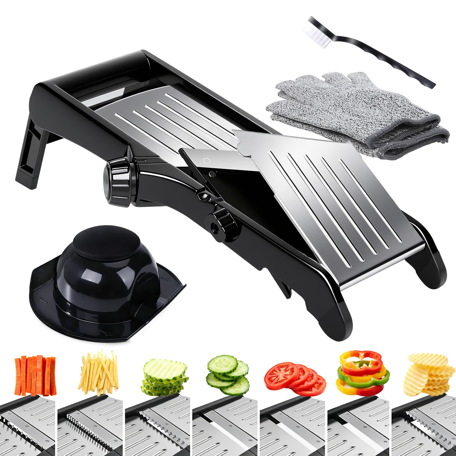 Masthome Mandoline Cuisine Professionnelle Inox, 10 modes de coupe | 10 en1 (tranches 3/6/9mm, julienne 4.5/9mm), 2 lames pivotantes, gants anti-coupure, protège-main et brosse.