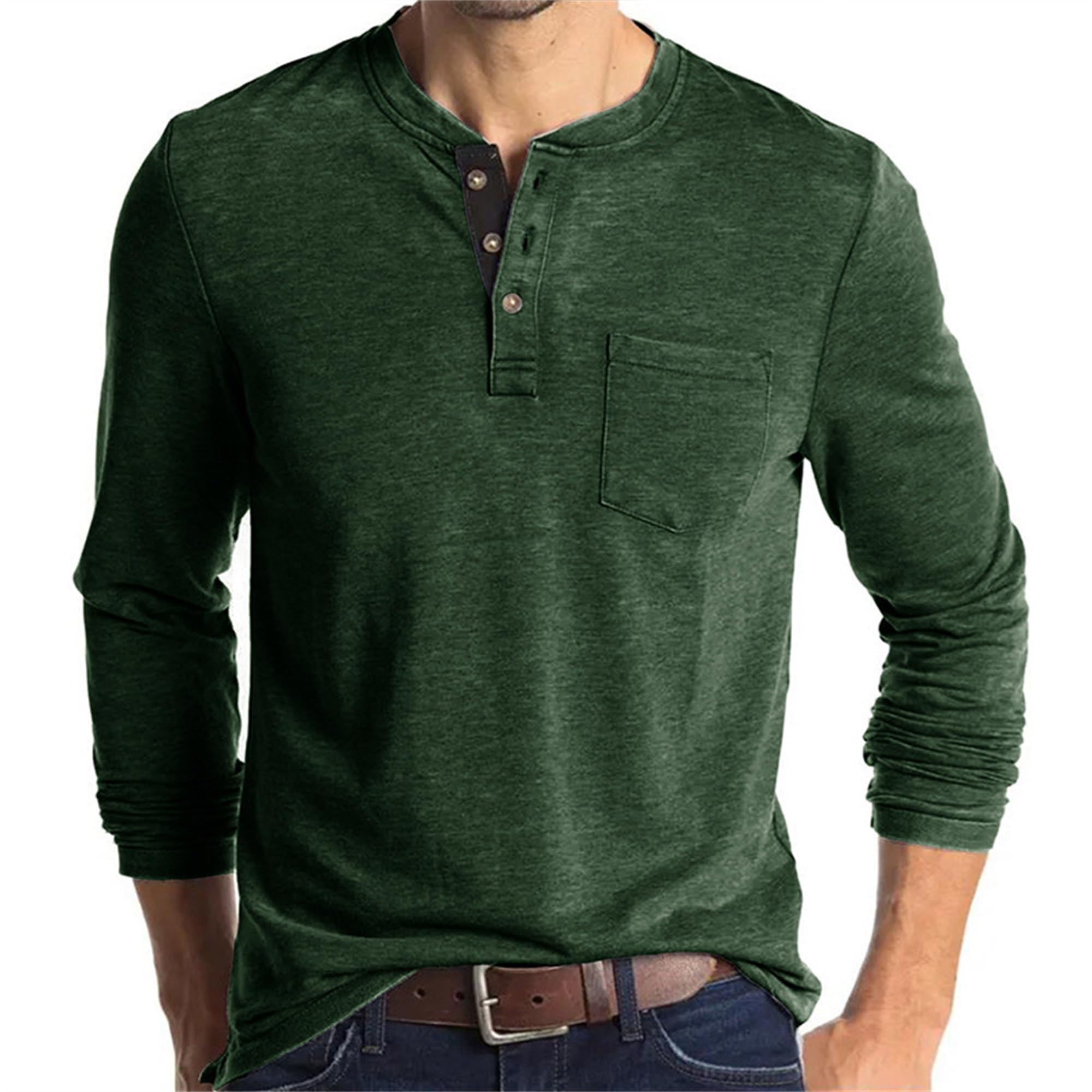 Men Henley Long Sleeve Shirts Fashion Classic Slim Fit Shirt Button Cotton Solid Casual T-Shirt with Pocket (XX-Large,Green 1)