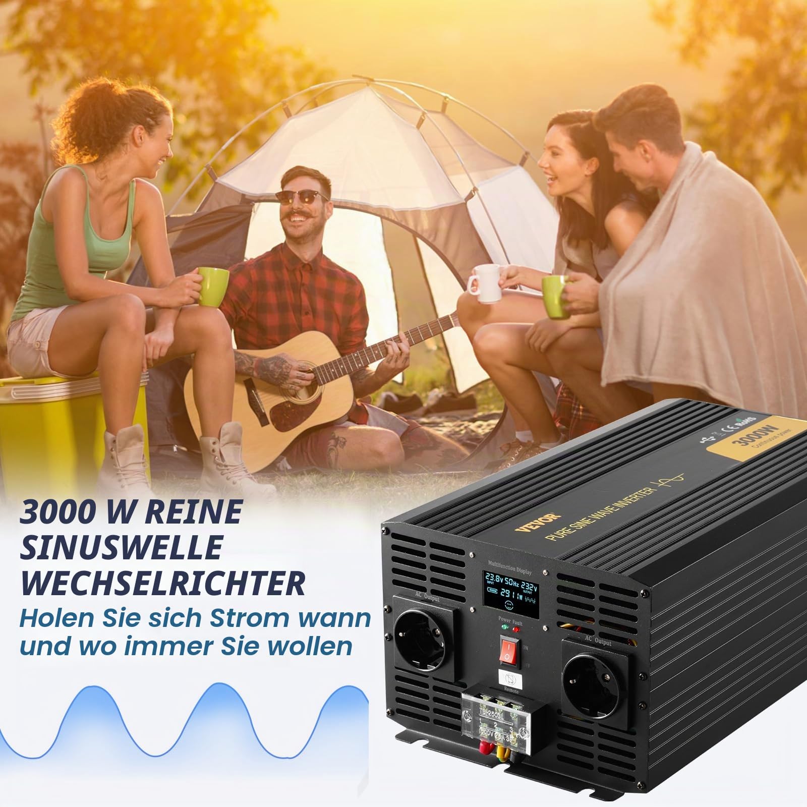 VEVOR Wechselrichter Reiner Sinuswelle 3 kW DC 24 V auf AC 230 V Spannungswandler mit USB-Anschluss LCD-Display Fernbedienung und EU-Steckdosen für Wohnmobil LKW Auto Solaranlage Reisen Camping