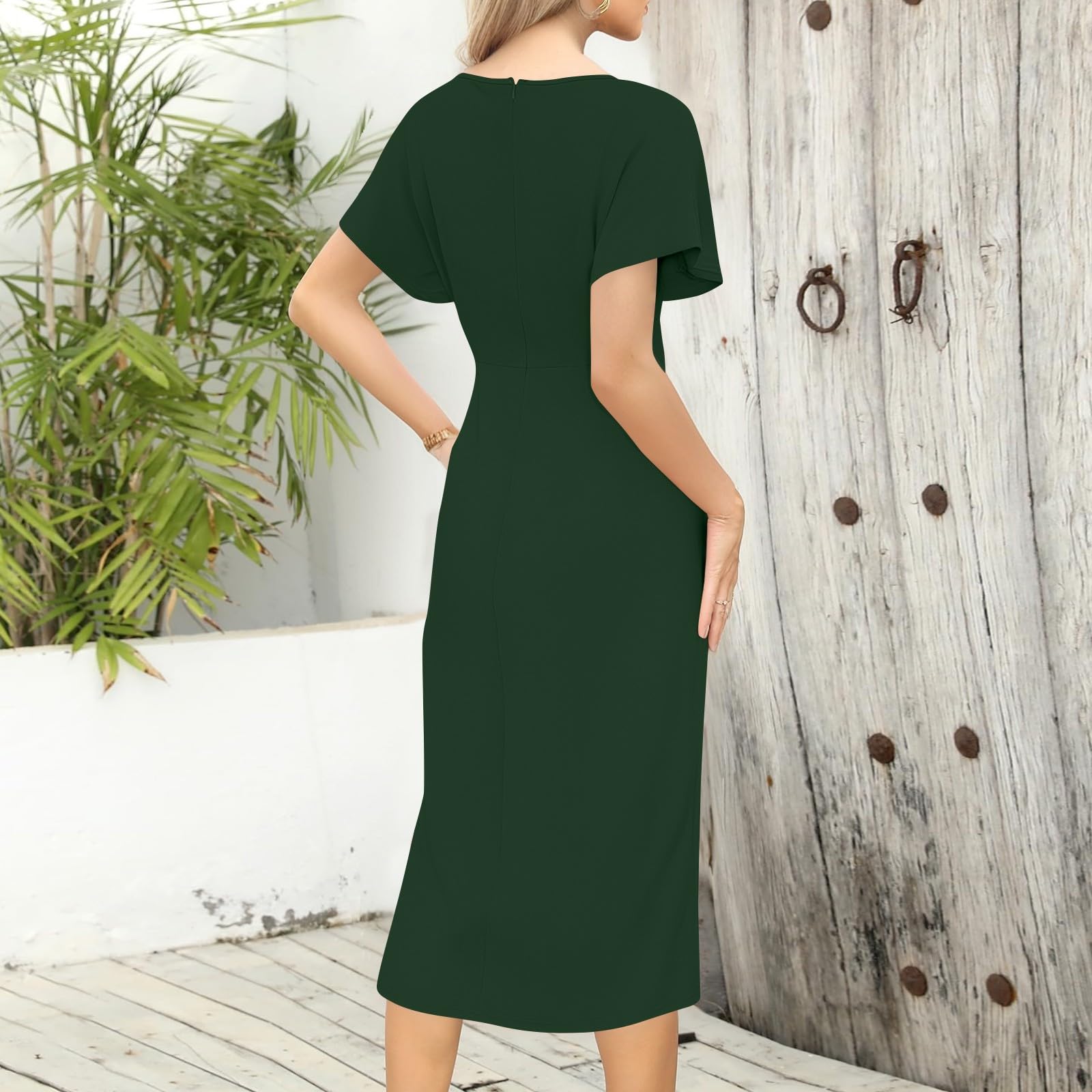 FUPODD Etuikleid Damen Elegant Midi Wickelkleid V Ausschnitt Festliche Kleider Abendkleider Elegant Für Hochzeit Business Kleid Hochzeitsgast Party Midikleid Festlich Curvy Sommerkleid Frauen Leicht